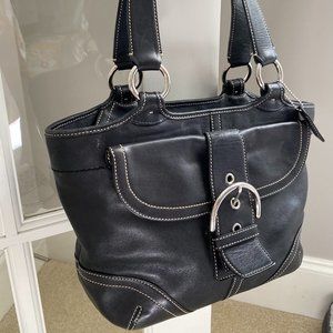 Coach Double Handle Black Full Leather Shoulder Bag